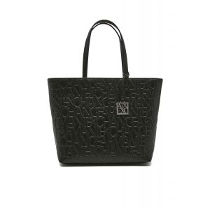 Čierna Armani Exchange tote taška s vyrazeným logom a strieborným príveskom, pohľad spredu - Tašky na rameno