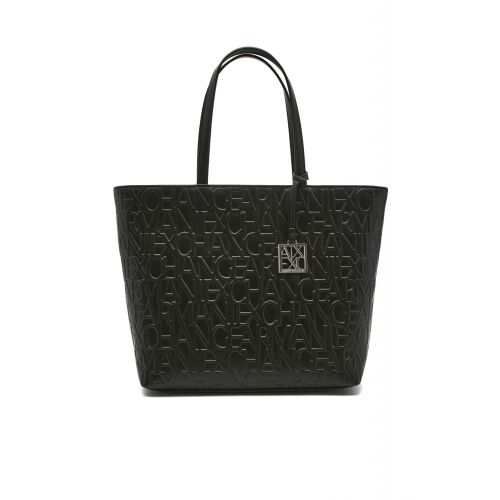 Čierna Armani Exchange tote taška s vyrazeným logom a strieborným príveskom, pohľad spredu