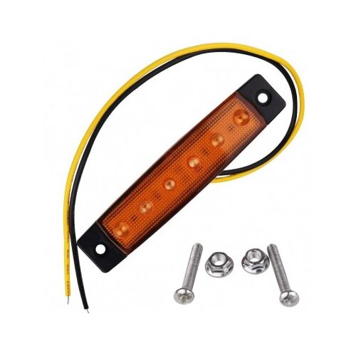 Sárga LED oldalsó jelzőlámpa autókhoz, teherautókhoz, pótkocsikhoz, 6 SMD LED, 12V, 95mm x 20mm, rögzítő csavarokkal