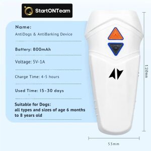 StartONTeam Anti-Dog & Anti-Barking Device, Weiß, 800mAh Akku, 5V-1A Spannung, 4-5 Stunden Ladezeit, 15-30 Tage Nutzungsdauer, Geeignet für Hunde aller Rassen und Größen im Alter von 6 Monaten bis 8 Jahren - Haustiervertreiber