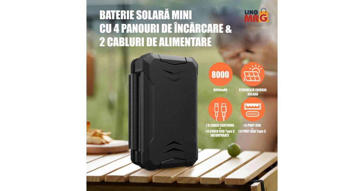 Zewnętrzna bateria słoneczna Linomag®, Power Bank 8000 mAh, 4 panele, 1x kabel Lightning i 1x kabel USB Type-C w zestawie, wodoodporny, czarny matowy, 11,4 x 6,8 cm 118392154
