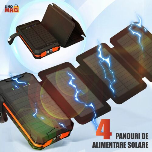 Solárna power banka Linomag®, 8000mAh, 4 solárne panely, čierna/oranžová, s káblami Lightning a USB Type-C