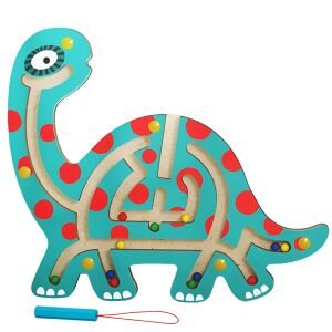 Montessori játék labdákkal, KeepHome, mágneses ceruza, labirintus típusú, fa, Brontosaurus modell, 18x21 cm, zöld