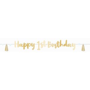 Banner Első Zi de naștere Happy Birthday, 180 cm, culoare aurie, decorațiune pentru prima aniversare - Accesorii pentru petrecere