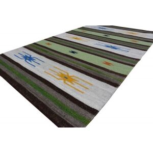 Pełny widok dywanu Bakero Kelim classic, z białymi, brązowymi i zielonymi paskami - Dom i ogród