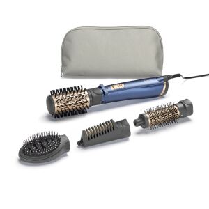 BaByliss AS965E electric hair styler with 4 attachments, including a 50mm rotating brush head, a 38mm brush head, a ceramic straightening brush head, and a flat ceramic brush head, blue - Hair styling brush