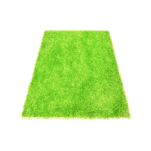 Изглед под ъгъл на зелен килим Bakero Shaggy Spaghetti 05 на бял фон