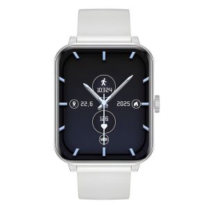 myPhone WATCH Classic 2 smartwatch z białym silikonowym paskiem, pokazujący tarczę zegara z czasem, datą, krokami, tętnem i innymi funkcjami - Inteligentne urządzenie