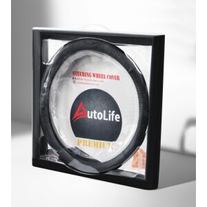 AUTOLIFE DW-5056BK Valódi bőr dobozos kormányvédő szellőző lyukacsos Fekete betétes mintával