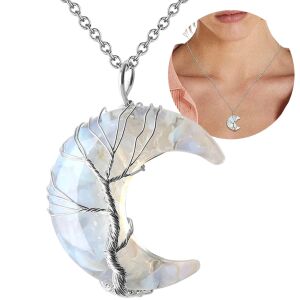 Sebészeti acél nyaklánc hold ásványokkal és fehér kristállyal