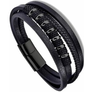Férfi bőr karkötő mágneses zárással, fekete, hossza 21,5 cm