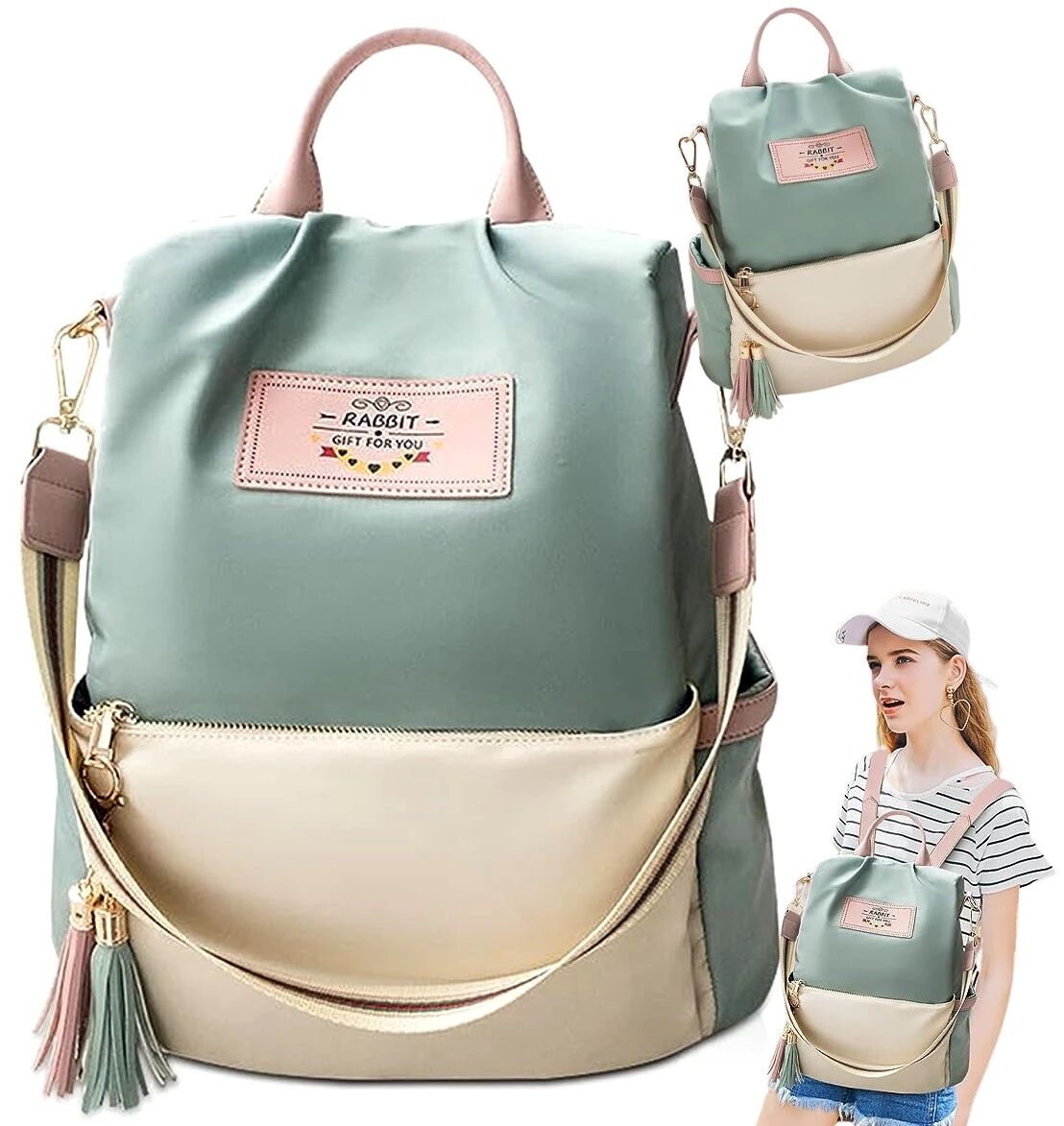 Priestranný dámsky mestský batoh s bambulou, farba mentolová, syntetický materiál, 32x31x15 cm