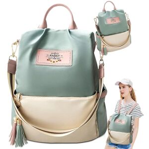 Tágas női városi hátizsák pomponnal, menta színű, szintetikus anyag, 32x31x15 cm