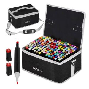 Комплект маркери GALAXIA с двоен връх, 168 броя, с детайли на маркера и кутия за носене - Маркер