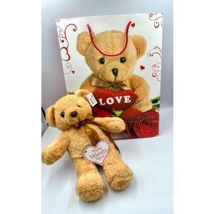 Valentin napi ajándék szett macival, dísztasakban, levehető felirattal. - Ajándék ötlet Valentin-napra