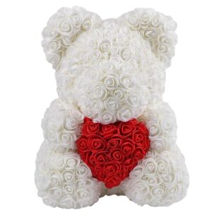 PROMERCO Fehér rózsa maci piros szívvel, 25 cm, kézzel készített habrózsa teddy maci - Ajándék ötlet Valentin-napra