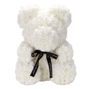 PROMERCO Fehér rózsa maci szalaggal, 25 cm, kézzel készített ajándék - Ajándék ötlet Valentin-napra