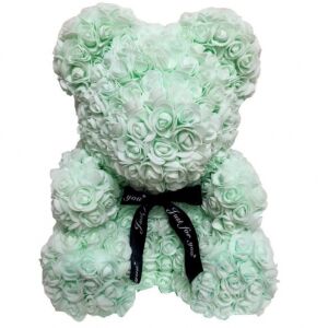 PROMERCO Zöld Rózsa Maci Masnival, 25 cm - Kézzel Készített Virágos Teddy Maci - Ajándék ötlet Valentin-napra