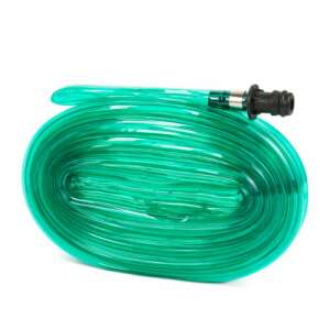 Green sprinkler hose, 15 meters long, coiled up, showing the connector - Irrigation