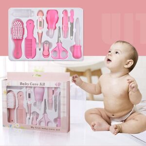 Set roz de îngrijire pentru bebeluși cu perie, pieptene, termometru, aspirator nazal, foarfece, unghieră și bebeluș - Seturi pentru îngrijirea bebelușilor