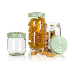 Sklenené dózy na uskladnenie LINZI s cestovinami a orechmi, zelené viečko, 3-dielna súprava - Kuchynské úložné nádoby