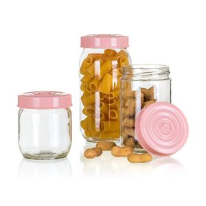 LINZI ružové sklenené dózy na uskladnenie sada 3 ks, naplnené cestovinami a orechmi - Kuchynské úložné nádoby