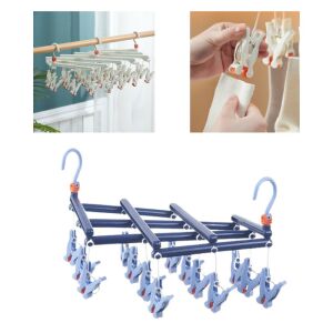 Collage eines zusammenklappbaren Kleiderbügels mit Clips in Gebrauch - Haushaltszubehör