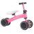 Angled view of Pepita Knacky pink 4-wheel balance bike, steel frame, 12 inch wheels