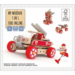 Set de jucărie Mașină de Pompieri 3 în 1 din Lemn, 53 de piese - Joc de construcție din lemn