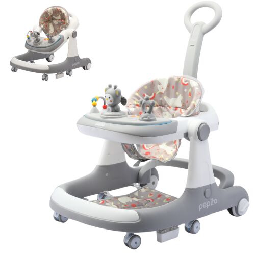 Pepita Jolly 4in1 graue Baby-Gehhilfe mit Schiebegriff und Aktivitätscenter
