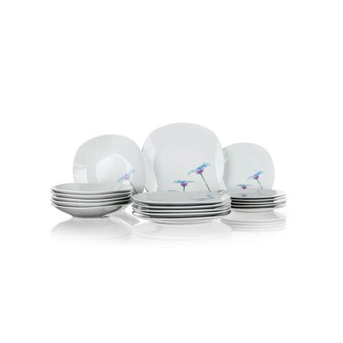 Blue Daisy porcelán étkezőszett, 18 darabos, tartalmaz 6 desszert tányért, 6 mély tányért és 6 lapos tányért