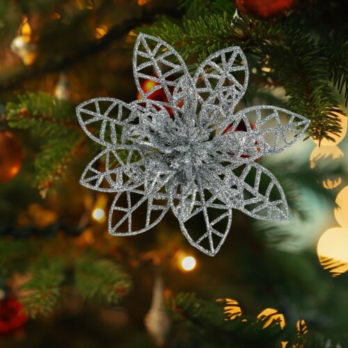 Karácsonyi dísz - csipeszes - glitteres virág - ezüst - 3 db / csomag 118999911