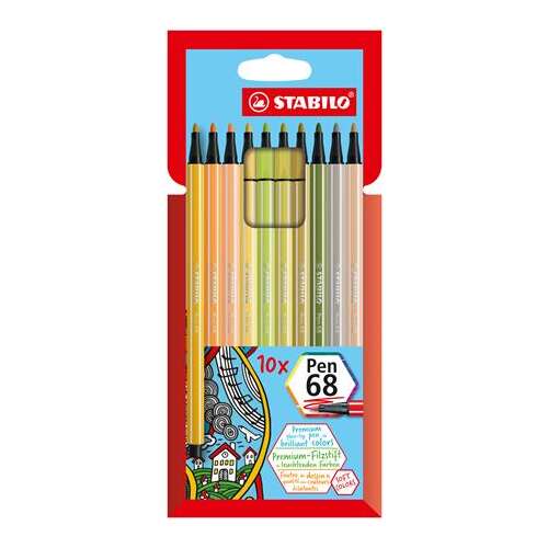 STABILO Pen 68 fineliner pens, 10 assorted colors, 1 mm line width