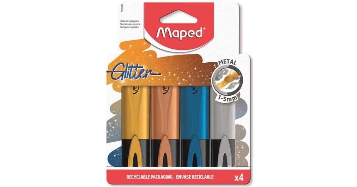 Maped Fluo Peps Glitter Highlighters in Pastel Colors - 4 Pack, Multicolor  