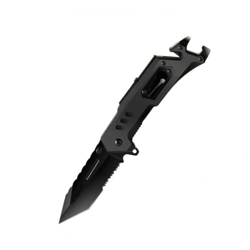 9-in-1-Multifunktionsmesser, schwarz, Funktionen: Feuerstarter, Flaschenöffner, Fensterbrecher, Cutter, Schraubendreher, Säge, Pfeife, Sechskantschlüssel und Taschenlampe