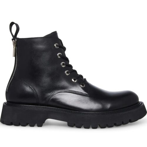 Steve Madden Gerald férfi fekete bőr csizma oldalsó cipzárral és fűzővel - Férfi bakancs és csizma