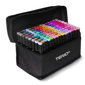 Комплект маркери Teno, 120 бр., с чанта за съхранение, 2 вида връх, на алкохолна основа, интензивни цветове, многоцветен 119076302 - Маркер