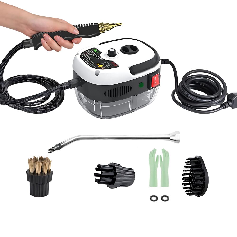 Gőztisztító 1000 ml-es tartállyal, 2500 W, 3 Bar, fűtési funkcióval, 4 tartozékkal és 6 gőzbeállítással, fekete/fehér, PROMERCO