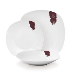 Set de tacâmuri Berlinger Haus Leonardo 18 piese, porțelan alb cu design cu pensula maro, include farfurii de cină, boluri de supă și farfurii de desert - Serviciu de cină