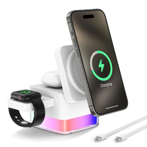Incarcator wireless Gelle fast charger, statie incarcare 3 in 1 cu lumina LED, Incarcare rapida 15W pentru telefon, casti, smart watch, compatibil cu Airpods, cu Apple watch toate seriile si 119126913