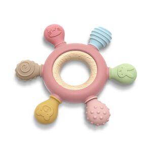 Lorelli Deep Pink szilikon és bükkfa rágóka állat formákkal - Rágóka