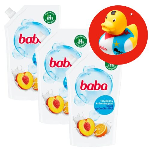 Baba Săpun Lichid Lapte și Fructe Rezervă 3x500ml + Rață de Cauciuc Cadou