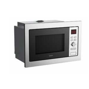 Изглед под ъгъл на вградена микровълнова печка Midea MW20DIX 20L - Микровълнова фурна, Аспиратор за готварски печки и Гореща плоча