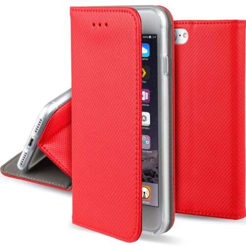 Red iPhone 13 flip case with magnetic closure, 360 degree protection, card holder, stand function