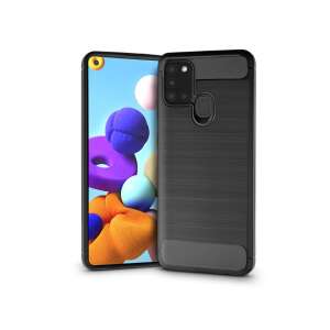 Husă Samsung Galaxy A21s din silicon cu model din fibră de carbon, vedere din față și din spate - Samsung Huse telefon