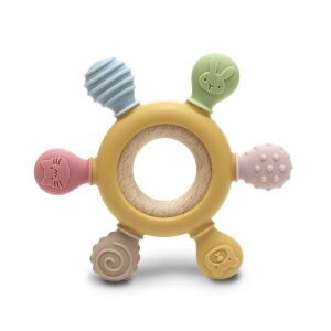 Lorelli Kormánykerék szilikon és bükkfa rágóka - Yellow