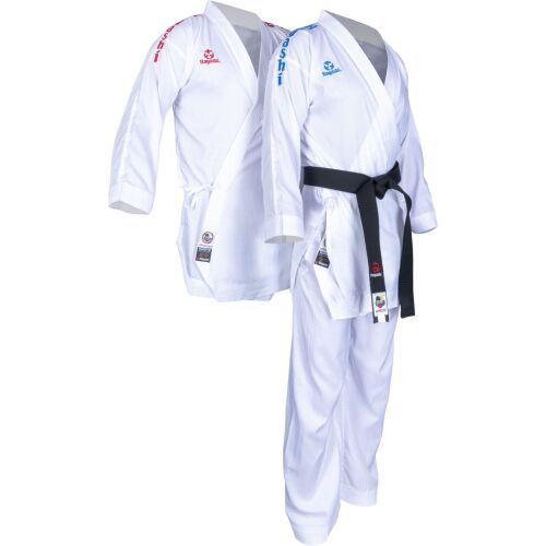 Hayashi Kumite Air Deluxe Competition Karate Gi szett, fehér, WKF jóváhagyott, piros és kék dzsekivel 