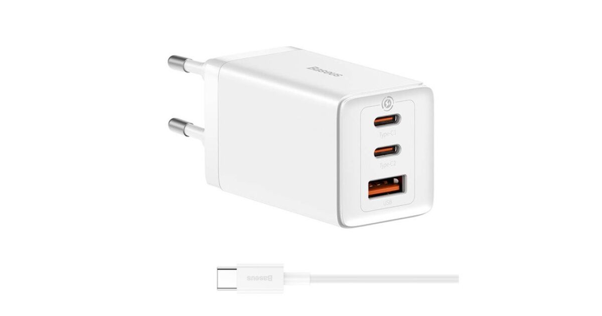 BASEUS hálózati töltő USB+2 Type-C aljzat 65W, PD gyorstöltő + Type-C kábel, FEHÉR 119390111