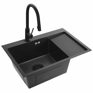 Ukośny widok zlewozmywaka kuchennego Fin Black z baterią i ociekaczem, stal nierdzewna - Instalacja wodna, gazowa i grzewcza