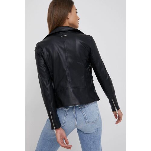 Jachetă neagră de motociclistă Armani Exchange pentru femei, vedere din spate